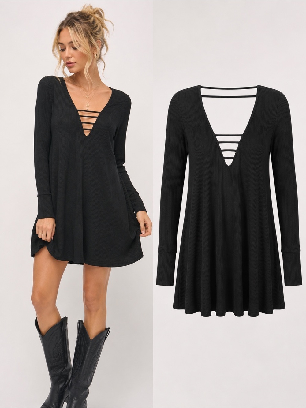 LucyLove | Ribbed Ladder V-Neck Long Sleeve Swing Dress Black Small NWT Made USA